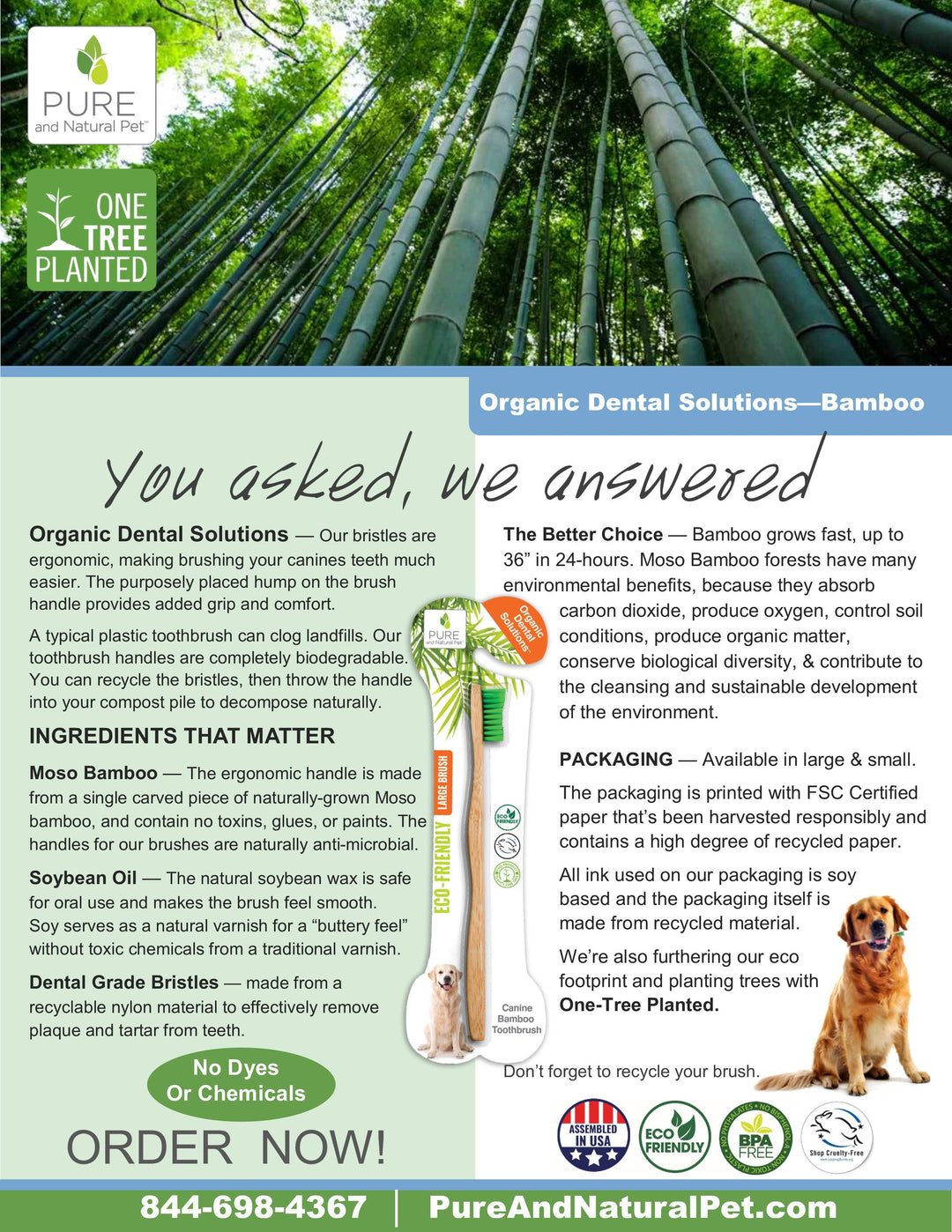 Organic Dental Bamboo Toothbrush for Dogs - Large